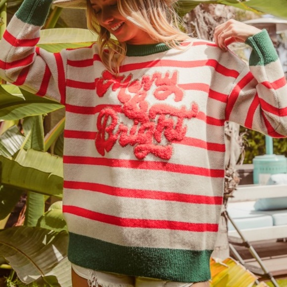 Bibi Christmas Festive Striped Color Block Sweater Top - Picture 2 of 4